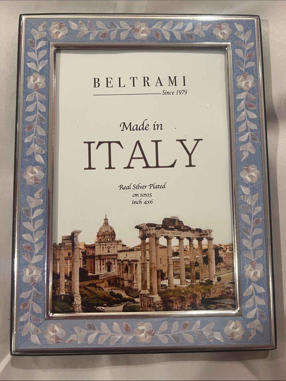 Blue Floral Silver-Plated Photo Frame by Beltrami Made in Italy New open box 4x6